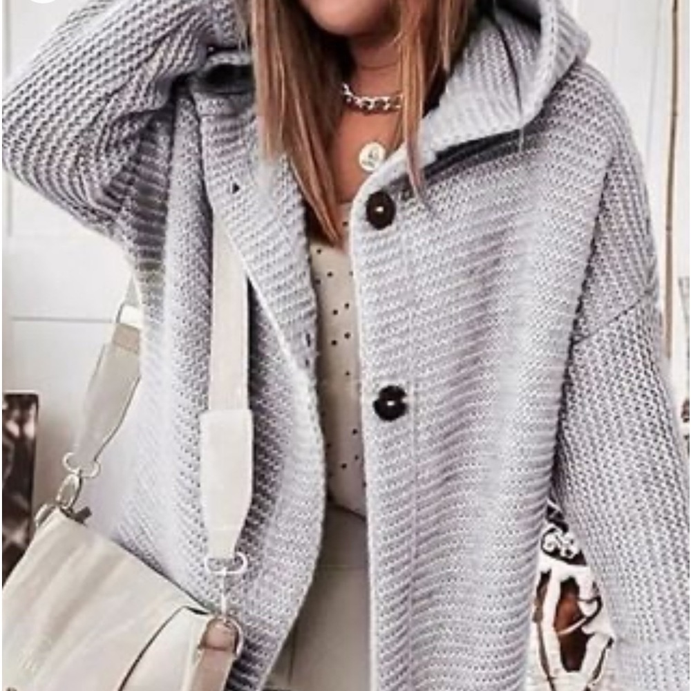 Gray ribbed knot button up open front hooded cardigan
